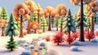 © antishock - Stylized winter forest scene. Trees covered with snow, small river flows through landscape. Bear visible among foliage. Peaceful, calm setting.