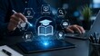 © graphicmount - Digital education interface with holographic book and graduation cap icons for online learning and virtual classroom training on a tablet screen in a dark office room