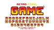 © MST - Retro pixel font displaying the word game alongside a full alphabet and numbers set on a white background 8bit