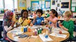 © photoplotnikov - Diverse group of elementary school children painting planet models together at round table during classroom art lesson promoting creativity and stem learning