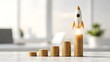 © Home Stock - 3D white and gold rocket launching from ascending stacks of gold coins on desk symbolizing startup business growth and financial investment success