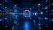 © Home Stock - Futuristic digital document archiving in server room with glowing blue data streams connecting files to secure network folders