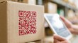© Generative AI - Close-up of a cardboard shipping box with a red qr code being scanned by hands holding a tablet in a warehouse