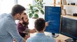 © Muzamil Mustafa - Three professional software engineers collaborating together while reviewing complex programming code on large computer monitors with software developers working