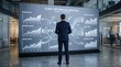 © Yang - Man analyzing global performance analytics on large screen, viewing revenue growth charts and operational efficiency data for business overview.