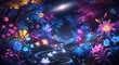 © ujang - Magical enchanted forest glowing with neon purple and blue flowers beneath a bright celestial moon at night.