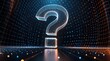© Maryna - 3D glowing question mark symbol in digital wireframe grid. Blue, orange neon light background with bokeh dots. Futuristic tech concept for FAQ, data analysis, artificial intelligence,