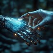 © btiger - Two robotic hands touching fingertips, a chrome mechanical hand with illuminated circuit palm and a white synthetic humanoid hand in soft blue light, evoking delicate connection and curiosity