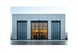 © btiger - symmetrical modern metal-clad commercial building with central glass entrance, two tall blue garage doors, warm interior lights and wet concrete forecourt, calm minimalist mood