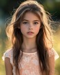 © Milana - young girl with face obscured by blur, long wavy brown hair backlit by golden hour sunlight, wearing a lace cap-sleeve top, wind-tousled strands and a calm, serene mood