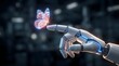 © Rohan - Futuristic robotic hand interacting with a glowing digital butterfly in a dark laboratory setting