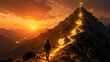© Muhammad - Hiker on a mountain trail at sunset with glowing digital achievement icons guiding the path to success and future goals