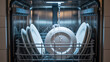 © lilyax - White plates being cleaned by water jets inside a modern dishwasher rack with bright overhead