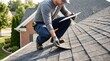 © Wellington - A roofer inspects asphalt shingles on a sloped residential roof, holding a clipboard and pen to assess the condition and make notes for a potential repair.