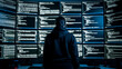 © NOVÁKOVÁ KATEŘINA - Person in hoodie facing multiple screens of computer code. Programmer working in dark high-tech data center environment. Cybersecurity and software development concept for technology marketing.