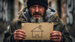 © PETROSYAN ARAM - Homeless man holding cardboard sign with house drawing. Bearded man in alley seeking shelter and support. Poverty concept for social welfare and charity campaigns.