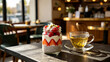 © lifestyle27 - Healthy Chia Seed Pudding Jar with Fresh Strawberries, Raspberries, Pistachios, Coconut Flakes, and Herbal Green Tea in Cozy Cafe