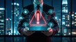 © Funster - Cybersecurity risk detection featuring an exclamation alert symbol in a digital system network for AI threat and virus.