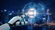 © Funster - A robotic finger touching a glowing AI processor with big data and global connectivity.