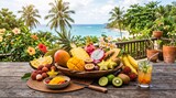 Fresh tropical fruit assortment on a table with ocean view