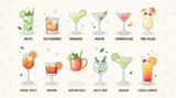 Set of popular alcoholic cocktail drinks illustration
