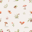 © kris_art - Whimsical Woodland Pattern with charming and delicate seamless pattern featuring soft color mushrooms, sprigs of foliage, and tiny berries, creating a whimsical woodland scene