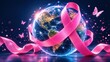 © Alamin - Global breast cancer awareness month concept with pink ribbon and butterflies encircling earth.
