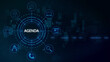 © FlexHand Studio - Digital interface featuring a central circle with the word agenda surrounded by various business and technology on a dark blue background, with a subtle, map pattern and, glowing light lines