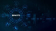 © FlexHand Studio - Digital interface featuring the word benefits surrounded by a circular network of including a gear, laptop, chart, magnifying glass, telephone, hacker, bank building, and a padlock on blue background