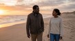 © Thiago - Black father and young adult daughter walking along a quiet coastline at sunset