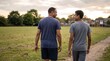 © Thiago - Mixed-race father and teenage son walking home together across a grass field after sports