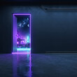 © Sumon - Futuristic neon illuminated open door leading to a cyberpunk cityscape with sci fi neon light futuristic cyberpunk