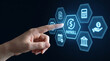 © AucArtStudio - Payroll salary finance payment technology automation business Hand touch hologram. hr employee compensation payment pay. finance accounting management planning system, money income earning