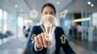 © SHORON - Professional woman touching glowing lightbulb digital interface in bright office interior hand finger touch technology.