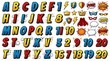 © hamza - Colorful comic book alphabet letters and numbers with superhero icons and speech bubbles on white background with displays vibrant collection