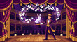 © Ain - Dapper Magician Pulls White Rabbit From Hat Surrounded by Flying Cards During Theatrical Performance