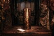 © Ryzhkov - Antique wax recording cylinder on a weathered wooden table, featuring a golden ribbed surface and a blank tag for archive and heritage audio themes
