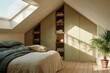 © Ryzhkov - Modern loft bedroom with a large bed and sage green fitted wardrobes under a sloping ceiling, featuring a cozy and tidy atmosphere for home interior design