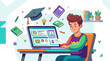 © Buhan - Young student engaging with online learning on a laptop, surrounded by educational symbols and elements.