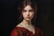 © juliars - Woman with dark hair looking forward, portraying elegance against a dark background