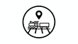 © Trisha - Circular outline icon of cargo train on tracks with location pin above, representing railway station navigation or transit tracking.