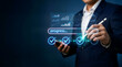 © Faisal - Digital progress tracking interface with businessman, data analytics dashboard on smartphone, corporate growth and success concept