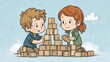 © Mihail - Two children playing with wooden building blocks, constructing a tower on a light blue background with clouds, showcasing creativity and teamwork in a playful setting