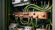 © Belal - Closeup of electrical grounding busbar with green and yellow wires