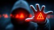 © Mariia - Anonymous hacker in a dark hood reaching toward a glowing warning symbol, representing cyberattack, online security threat, data breach and digital crime