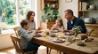 © Felippe Lopes - Happy family enjoying a delicious breakfast together at a wooden table with pancakes and fresh fruit