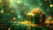 © nanskyblack - Holiday present surrounded by golden particles and green financial bokeh, clean festive business background