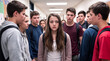 © ChaoticDesignStudio - Bullied teenage girl standing in school hallway while classmates watch. Social exclusion and peer pressure among students in high school corridor.