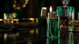 Flaming lighter with alcohol and bokeh lights background