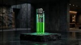 Illuminated lighter with vibrant green fluid on stone pedestal